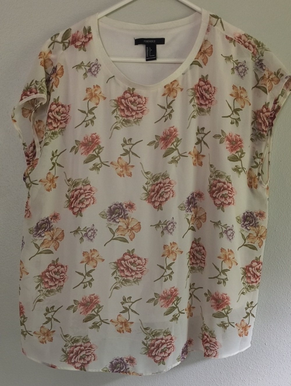 Forever 21 White Floral Short-Sleeve Blouse with Pink, Green & Purple Print